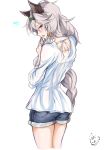  absurdres animal_ears back blush braid brown_eyes casual cat_ears commentary_request erune granblue_fantasy hair_tubes hairband heles highres long_hair open_mouth shitamichi short_shorts shorts silver_hair single_braid solo standing very_long_hair 