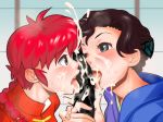  2girls booth_tomato braid brown_hair censored chinese_clothes cum ejaculation facial fellatio genderswap genderswap_(mtf) grey_eyes licking mother_and_daughter multiple_girls ranma-chan ranma_1/2 red_hair saotome_nodoka saotome_ranma single_braid tangzhuang tongue 