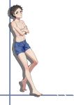  absurdres bare_legs barefoot black_hair blush brown_eyes closed_mouth collarbone crossed_arms expressionless from_behind full_body highres karakai_jouzu_no_takagi-san looking_at_viewer looking_to_the_side male_swimwear meng_xi_ds navel nishikata older shirt_lift stomach swim_trunks swimwear toes white_background 