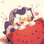  beige_background bird_tail black_hair blush chibi closed_eyes closed_mouth eating food fruit fur_collar fur_trim heart kemono_friends multicolored_hair muuran northern_white-faced_owl_(kemono_friends) signature solo sparkle translation_request two-tone_hair watermelon white_hair 