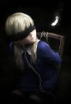  black_background black_blindfold blindfold blonde_hair blue_dress bound bound_wrists chain chained chair collar commentary_request dark dress feathers long_hair nuwanko original parted_lips short_dress simple_background sitting solo thighhighs 