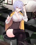  bartender black_legwear blue_hair breasts cigar cleavage collarbone crossed_legs garter_straps girls_frontline highres hips ia_(ias1010) jewelry large_breasts looking_at_viewer mouth_hold red_eyes ring short_hair smile smoke thighhighs thighs thompson_submachine_gun_(girls_frontline) 