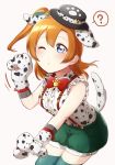  ? animal_ears berisuno_(beriberi0707) black_hat blue_eyes blush bone_hat_ornament bow bowtie dalmatian_print dog_ears frills gloves green_shorts hair_bow hand_up hat hat_ornament highres kousaka_honoka love_live! love_live!_school_idol_project one_eye_closed one_side_up orange_hair paw_gloves paw_print paws red_neckwear shorts solo spoken_question_mark suspender_shorts suspenders thighhighs 