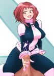  aikuxa bangs belt blush bodysuit boku_no_hero_academia boots bracer breasts brown eyes hair handjob large_breasts short sidelocks uraraka_ochako 