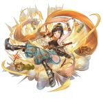  :d aqua_hakama armored_boots armpits black_hair boots bow eyebrows_visible_through_hair full_body granblue_fantasy_(style) green_eyes hair_bow hamaguchi_ayame high_ponytail highres holding holding_sword holding_weapon idolmaster idolmaster_cinderella_girls mrpeanut_88 ninja open_mouth orange_bow orange_scarf scarf sidelocks simple_background sleeveless smile solo sword tied_hair weapon white_background 