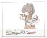  apron book bowl brown_hair chocolate chocolate_bar commentary_request cooking cup kantai_collection ponytail reading sailor_collar school_uniform serafuku shikinami_(kantai_collection) simple_background solo spoon wachi_(hati1186) whisk white_background 