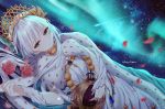  anastasia_(fate/grand_order) aurora bangs blue_eyes blunt_bangs blurry blurry_foreground blush closed_mouth depth_of_field doll dress eyebrows_visible_through_hair fate/grand_order fate_(series) flower hair_ornament hairband highres jewelry junpaku_karen light_blush long_hair looking_at_viewer lying necklace night night_sky on_side petals pink_flower pink_rose rose rose_petals shooting_star silver_hair sky smile solo star_(sky) starry_sky white_dress 