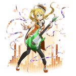 black_legwear blonde_hair breasts cleavage floating_hair full_body green_eyes grin guitar hair_between_eyes hat holding holding_instrument instrument leafa long_hair looking_at_viewer medium_breasts official_art orange_shorts outstretched_arm pointy_ears ponytail short_shorts shorts simple_background sleeveless smile solo standing sword_art_online sword_art_online:_code_register sword_art_online:_memory_defrag thighhighs v very_long_hair white_background white_hat wrist_cuffs 