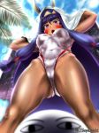  &lt;o&gt;_&lt;o&gt; animal_ears arms_up ass_visible_through_thighs bangs blanket blue_sky blurry blush breasts breasts_apart cameltoe cloud covered_navel covered_nipples dark_skin day depth_of_field facial_mark fate/grand_order fate_(series) from_below groin hair_between_eyes hair_rings hair_tubes hairband highres hip_bones jackal_ears legs_apart lens_flare long_hair medium_breasts medjed nitocris_(fate/grand_order) nitocris_(swimsuit_assassin)_(fate) one-piece_swimsuit open_mouth outdoors palm_tree purple_eyes purple_hair sky solo swimsuit teeth tongue tree tsuyukusa_aoi twitter_username very_long_hair water wet white_swimsuit 