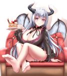  1girl breasts cake cleavage commission couch demon_girl demon_wings dress feet female food full_body horns huge_breasts indoors legs lili_(tekken) long_hair looking_at_viewer lotpe miniskirt panties purple_eyes rommeling silver_hair sitting skirt smile soles solo succubus tekken toes white_panties wings 