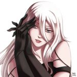  artist_name bare_shoulders black_gloves black_tank_top blue_eyes elbow_gloves gloves hair_between_eyes long_hair looking_at_viewer mole mole_under_mouth nickymilky nier_(series) nier_automata own_hands_together silver_hair simple_background solo torn_tank_top upper_body white_background yorha_type_a_no._2 