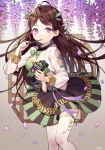  artist_name azit_(down) bow breasts brown_hair cleavage eating eyebrows_visible_through_hair floating_hair flower food green_bow hanbok highres holding holding_food korean_clothes layered_skirt long_hair medium_breasts miniskirt original petals purple_eyes purple_flower purple_ribbon ribbon skirt solo standing striped thighhighs vertical_stripes very_long_hair white_legwear wisteria 