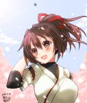 1girl aircraft airplane brown_eyes brown_hair cherry_blossoms condensation_trail dated day hair_ribbon highres ise_(kantai_collection) kantai_collection open_mouth petals ponytail ribbon short_hair signature sky smile solo undershirt upper_body 