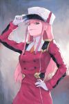  arm_up bangs blunt_bangs breasts darling_in_the_franxx double-breasted dress eyebrows_visible_through_hair eyeshadow gloves gradient gradient_background green_eyes hand_on_headwear hand_on_hip hat large_breasts long_hair long_sleeves looking_at_viewer makeup military military_uniform mouth_hold parted_lips peaked_cap pink_hair quentin_lecuiller red_dress sidelocks solo straight_hair tsurime uniform upper_body very_long_hair white_gloves white_hat zero_two_(darling_in_the_franxx) 