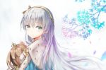  anastasia_(fate/grand_order) bangs blue_eyes blush cape commentary_request crown doll dress eyebrows_visible_through_hair fate/grand_order fate_(series) hairband hellnyaa holding jewelry long_hair looking_at_viewer mini_crown ribbon royal_robe silver_hair solo very_long_hair 