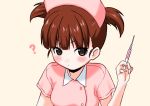  :/ ? alternate_costume ankoku_no_ojisan bangs blush breasts brown_eyes brown_hair girls_und_panzer hand_up hat holding looking_at_viewer medium_breasts mikko_(girls_und_panzer) nurse nurse_cap pink_background short_sleeves short_twintails solo syringe twintails upper_body wing_collar 
