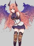  armor armored_dress breasts commentary_request dark_angel_olivia dress gradient_wings granblue_fantasy hair_ornament highres horns koenza_botoke long_hair looking_at_viewer medium_breasts multicolored multicolored_wings orange_hair pleated_skirt red_eyes skirt smile solo standing thighhighs very_long_hair wings 