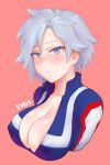  areola_slip areolae bangs blue_eyes blush boku_no_hero_academia breasts cleavage covered_nipples episode_number frown gym_uniform large_breasts parted_bangs pink_background shiny shiny_hair shiny_skin short_hair shpo silver_hair simple_background solo sweatdrop u.a._gym_uniform upper_body yanagi_reiko 
