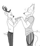  antlers belt canine cervine clothed clothing deer doopcity dress_shirt duo fully_clothed hand_holding horn male mammal monochrome shirt simple_background slacks striped_pants t-shirt white_background 