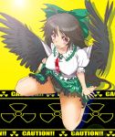  :3 :p ahoge bare_legs barefoot between_breasts bird_wings black_wings bow bow_panties breasts brown_hair cape caution collared_shirt commentary_request covered_nipples eyebrows_visible_through_hair feathered_wings frilled_shirt frilled_shirt_collar frilled_skirt frills from_above full_body green_bow green_panties green_skirt hair_bow lifted_by_self long_hair looking_at_viewer looking_up nakamura_3sou panties puffy_short_sleeves puffy_sleeves radiation_symbol red_eyes reiuji_utsuho shirt short_sleeves sitting skirt skirt_lift smile solo third_eye tongue tongue_out touhou underwear wariza white_cape white_shirt wing_collar wings 
