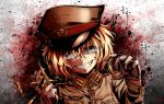  blonde_hair blood blood_on_face blood_splatter brown_gloves bullet gloves grey_eyes grin hair_between_eyes hat highres holding_bullet kana616 looking_at_viewer military military_hat military_uniform portrait smile solo tanya_degurechaff uniform youjo_senki 