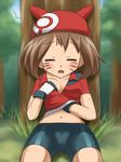  awa blush body_paint bodypaint breasts brown_hair facial_mark forehead_mark haruka_(pokemon) may nintendo pokemon sweat whisker_marks 