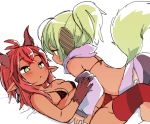  animal_ears bare_shoulders bikini blush breasts dark_skin detached_sleeves dog_ears dog_tail done_(donezumi) eye_contact green_eyes horns lavender_sleeves light_green_hair long_hair long_sleeves looking_at_another medium_breasts multiple_girls original pointy_ears ponytail red_bikini red_hair red_legwear sketch swimsuit tail thighhighs titi-chan_(nezumi_inu) yuri 