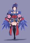  a7741 absurdres bare_shoulders bell black_legwear blue_background blue_hair breasts commentary_request detached_sleeves floral_print full_body highres itsumade_(onmyoji) jingle_bell long_hair looking_at_viewer medium_breasts mole mole_under_eye onmyoji original pink_eyes ponytail sandals sidelocks simple_background smile solo standing thighhighs umbrella_hair_ornament winged_arms 