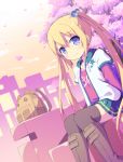  backpack bag blonde_hair blue_eyes boots cherry_blossoms closed_mouth dutch_angle hair_ornament highres hood hooded_jacket jacket long_hair looking_at_viewer masaki_(machisora) open_clothes open_jacket original outdoors petals pleated_skirt sitting skirt smile solo thighhighs twintails 