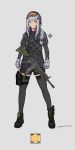  absurdres acog alternate_costume ammunition_pouch ankle_strap assault_rifle bangs beret black_legwear blunt_bangs blush boots braid breasts bullpup closed_mouth commentary eyebrows_visible_through_hair girls_frontline gloves goggles goggles_on_head green_eyes grey_background grey_legwear gun hair_ornament hair_over_shoulder hat headset heckler_&amp;_koch highres hk416 hk416_(girls_frontline) jacket long_hair looking_at_viewer magazine_(weapon) magpul marksanwel medium_breasts orange_eyewear pouch purple_jacket rainbow_six_siege rifle scope short_shorts shorts sidelocks silver_hair simple_background single_braid skindentation sling solo tactical_clothes thigh_strap thighhighs thighs very_long_hair walkie-talkie watch weapon 