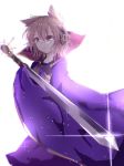  :c absurdres akarimaru blurry buttons cape closed_mouth collared_shirt commentary_request earmuffs eyebrows_visible_through_hair frown glint hair_between_eyes highres holding holding_sword holding_weapon light_brown_eyes light_brown_hair looking_at_viewer neck_ribbon pointy_hair purple_cape purple_neckwear ribbon shirt short_hair simple_background solo sparkle standing sword touhou toyosatomimi_no_miko unsheathed weapon white_background 
