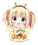  :d ankleband antennae bangs barefoot bee_costume blonde_hair blue_eyes blush chibi commentary_request dress eyebrows_visible_through_hair fake_antennae flower frilled_dress frills hair_flower hair_ornament hairband holding holding_flower looking_at_viewer open_mouth orange_scrunchie original pan_(mimi) scrunchie simple_background sitting smile solo striped striped_dress twintails wariza white_background wings wristband 