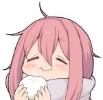  :t bangs baozi closed_eyes closed_mouth eating eyebrows_visible_through_hair facing_viewer food food_on_face hair_between_eyes hands_up happy holding holding_food kagamihara_nadeshiko long_hair lowres moru_(monaka) pink_hair scarf simple_background smile solo white_background yurucamp 