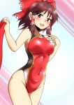  bow brown_eyes commentary_request competition_swimsuit covered_navel d-m_(dii_emu) hair_bow hair_tubes hakurei_reimu highres looking_at_viewer one-piece_swimsuit open_mouth red_eyes red_swimsuit red_towel short_hair smile solo swimsuit touhou towel 