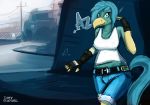  2017 5_fingers absurd_res anthro avian beak belt biped bird blue_bottomwear blue_clothing blue_eyes blue_hair blue_shorts blue_tail bottomwear breasts building clothed clothing detailed_background digital_media_(artwork) digital_painting_(artwork) dirtyscoundrel female fingers fully_clothed hair hi_res humanoid_hands looking_at_viewer outside shirt shorts signature solo tank_top topwear white_clothing white_tanktop white_topwear 