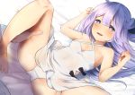  1girl :d ahoge arms_up azur_lane bangs bare_arms bare_legs bare_shoulders barefoot bed_sheet black_bow black_ribbon blush bow breasts commentary_request criss-cross_halter dress eyebrows_visible_through_hair hair_between_eyes hair_bun hair_ribbon halterneck highres lying medium_breasts miri_(miri0xl) on_back open_mouth panties purple_eyes purple_hair ribbon side_bun sleeveless sleeveless_dress smile solo_focus spread_legs underwear unicorn_(azur_lane) white_dress white_panties 