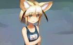  animal_ears bangs bare_shoulders blonde_hair blunt_bangs brown_eyes collarbone commentary extra_ears eyebrows_visible_through_hair eyes_visible_through_hair fennec_(kemono_friends) fox_ears frown kemono_friends name_tag one-piece_swimsuit short_hair signature solo swimsuit upper_body welt_(kinsei_koutenkyoku) 