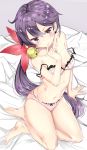  akebono_(kantai_collection) bell blush bra commentary_request finger_to_mouth flat_chest flower from_above hair_bell hair_flower hair_ornament jingle_bell kantai_collection kengorou_saemon_ii_sei long_hair looking_at_viewer navel on_bed oversized_breast_cup panties pink_bra pink_panties purple_eyes purple_hair sitting solo underwear underwear_only very_long_hair yokozuwari 