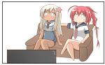  ahoge blonde_hair blush comic commentary couch flower hair_flower hair_ornament hair_ribbon i-168_(kantai_collection) kantai_collection long_hair nanakusa_nazuna one-piece_swimsuit ponytail red_hair ribbon ro-500_(kantai_collection) school_swimsuit school_uniform serafuku sitting swimsuit swimsuit_under_clothes tan tanline watching_television 