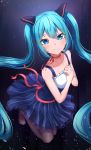  absurdres aqua_eyes aqua_hair blue_dress dress eyebrows_visible_through_hair hatsune_miku highres jirofly kneeling long_hair looking_at_viewer pantyhose smile solo very_long_hair vocaloid 