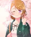  ;) black_ribbon brown_hair cardigan cherry_blossoms commentary_request dodapan green_cardigan hair_ornament hairpin hand_on_own_chest hand_up highres koizumi_hanayo long_sleeves looking_at_viewer love_live! love_live!_school_idol_project neck_ribbon one_eye_closed onigiri_hair_ornament petals purple_eyes ribbon shirt short_hair smile solo upper_body white_shirt x_hair_ornament 