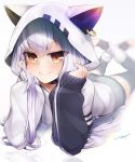  animal_hood azuma_lim azuma_lim_channel barefoot black_choker blurry blurry_background brown_eyes cat_hood choker commentary_request depth_of_field eyebrows_visible_through_hair highres hood hood_up hoodie lavender_hair long_hair long_sleeves looking_at_viewer lying on_stomach reflection signature sleeves_past_wrists smile solo tanyatonya the_pose thighhighs toeless_legwear virtual_youtuber 