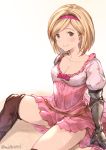  ass_visible_through_thighs blonde_hair breasts brown_eyes collarbone commentary_request djeeta_(granblue_fantasy) dress gauntlets granblue_fantasy hairband highres looking_at_viewer medium_breasts milli_little pink_dress pink_hairband puffy_sleeves short_hair sitting solo sweat thighhighs zettai_ryouiki 