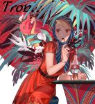  1girl animal belt bird blonde_hair bottle bracelet brown_eyes commentary dress drink drinking_straw expressionless flamenco flower fullmetal_alchemist jewelry kerchief looking_away nail_polish palm_tree plant red_background red_dress riza_hawkeye shadow simple_background sitting sunlight table tree two-tone_background white_nails 