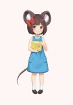  animal_ears blue_eyes blush brown_hair cheese child cristalavi dress food full_body hair_ribbon highres holding holding_food looking_at_viewer mouse_ears mouse_tail original ribbon short_hair simple_background smile tail white_legwear 