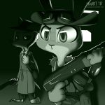 2018 android anthro armor bag barefoot belt canine clothed clothing crossover disney duo exposed_endoskeleton eyewear fallout fanartiguess female fox goggles goggles_on_forehead gun hat holding_object holding_weapon judy_hopps lagomorph machine male mammal monochrome navel necktie nick_valentine nick_wilde pauldron rabbit ranged_weapon rifle robot signature standing trenchcoat url video_games weapon zootopia 