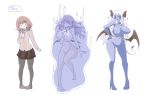  2015 big_breasts blue_skin blush breast_expansion breasts brown_hair clothed clothing collar demon featureless_crotch female footwear hair horn human human_to_humanoid humanoid izumi_(artist) long_hair mammal nude open_mouth sequence shoes skirt smile solo spade_tail standing surprise transformation white_hair wide_hips wings 