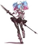  armor ass_visible_through_thighs black_skirt blue_hair breastplate fire_emblem fire_emblem_if full_body gauntlets gradient_hair hair_over_one_eye high_heels long_hair looking_at_viewer mazume multicolored_hair pantyhose parted_lips pieri_(fire_emblem_if) pink_hair polearm red_eyes simple_background skirt smile solo spear twintails weapon white_background 