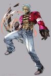  abs brown_footwear brown_gloves chest clenched_hand commentary debris earrings full_body gloves grey_background grey_hair grey_pants hankuri jacket jewelry long_sleeves male_focus muscle nanakase_yashiro pants pink_eyes red_jacket shirtless shoes simple_background solo suspenders the_king_of_fighters 