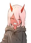  bad_id bad_twitter_id closed_eyes commentary darling_in_the_franxx eyes_visible_through_hair facing_viewer grin hair_between_eyes highres hood hood_down horns hoshizaki_reita long_hair oni pink_hair red_skin robe sharp_teeth simple_background smile solo spoilers teeth upper_body white_background younger zero_two_(darling_in_the_franxx) 